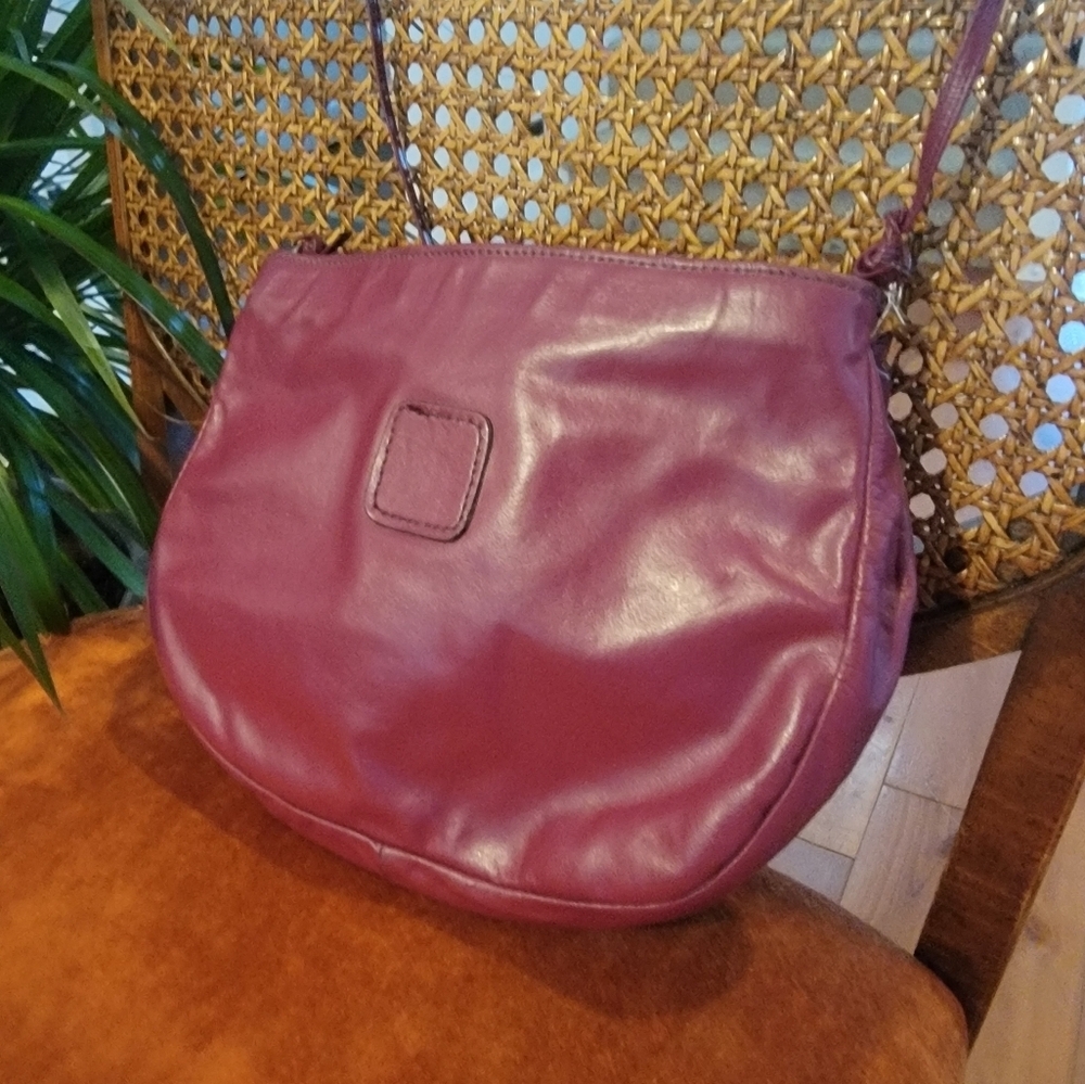 Vintage raspberry leather crossbody with gold details unmarked